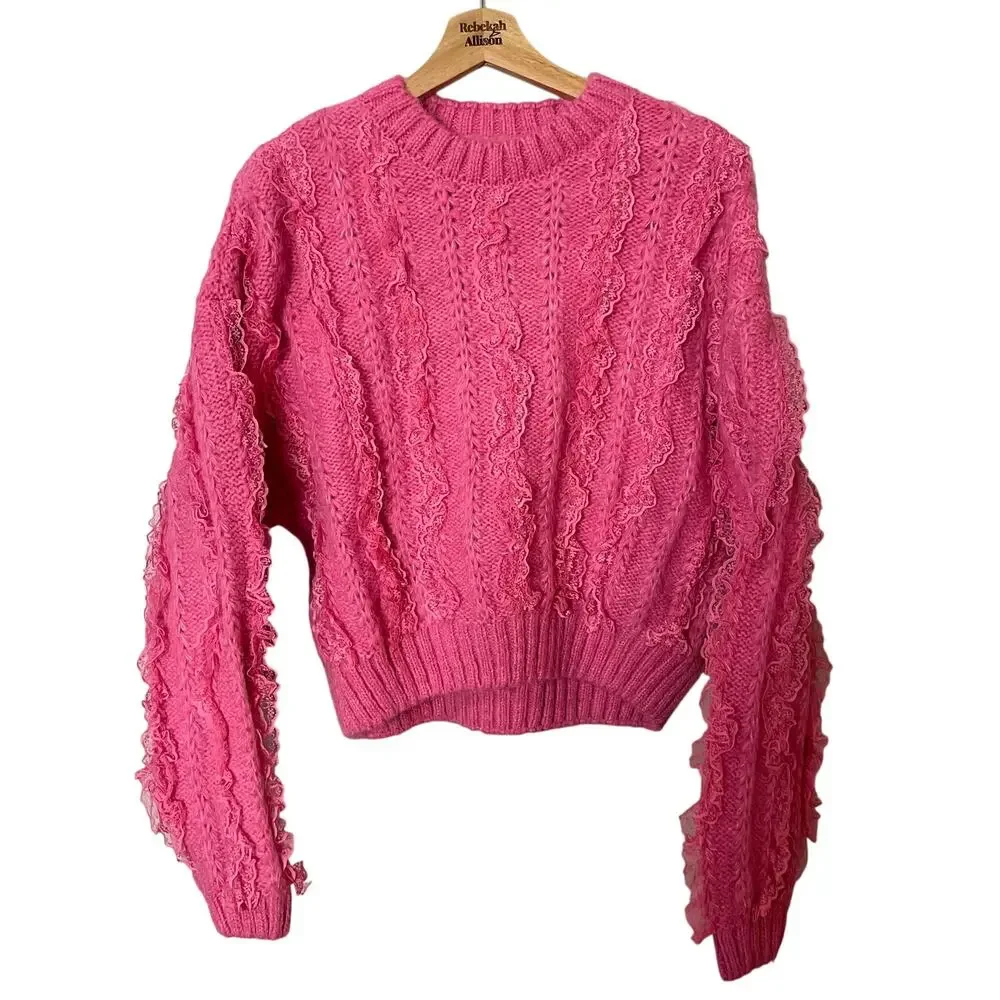 Zara Pink Ruffled & Lace Chunky Knit Sweater SZ Medium Girly Coquette Preppy - Picture 3 of 15